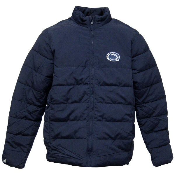 navy puffer jacket with Penn State Athletic Logo on left chest